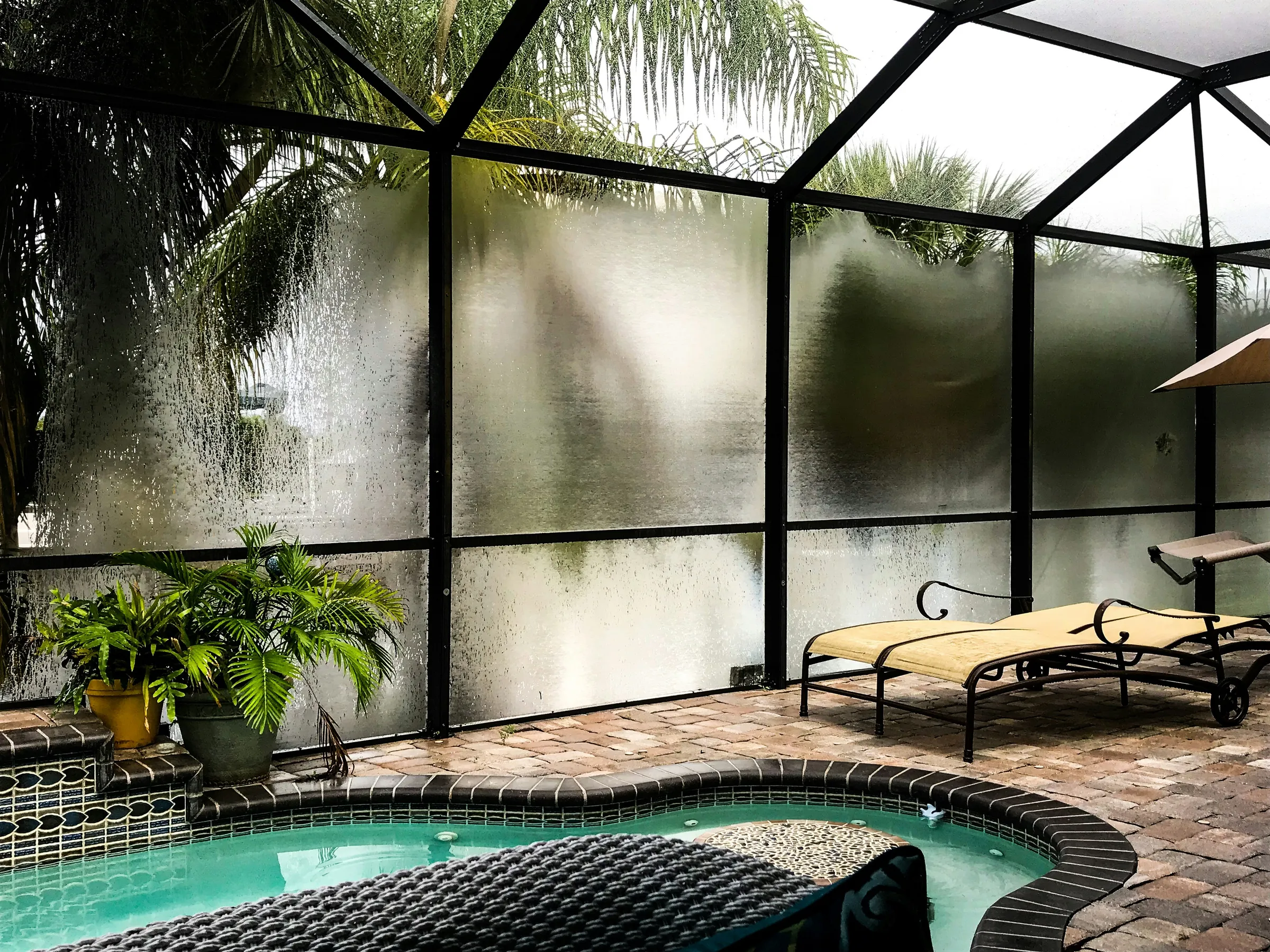 Stock photo: a spa with mosaic waterline tile inside a screened enclosure, with a paver deck, potted palms and lounge chairs